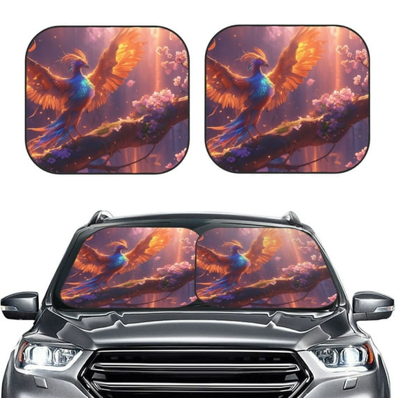 Kdxio Fantasy Bird Illustration Print 2-Piece Sun Shade Front Windshield - Foldable Car Front Window Sunshades for Most Sedans SUV Truck