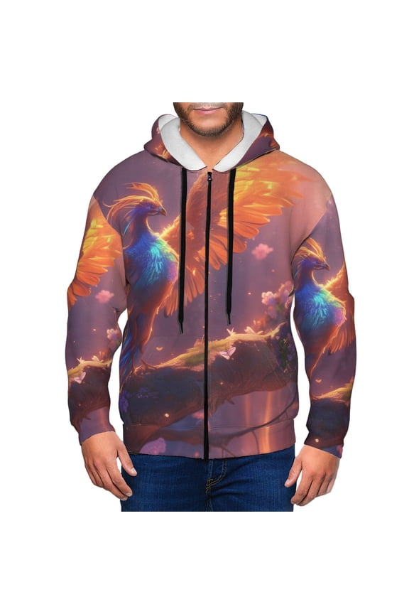 Fantasy Bird Illustration Print Men Hoodies Casual Hoodies for Men with Zip Pockets Full Zip Long Sleeve Sweatshirt Sports Hooded Jacket-Large