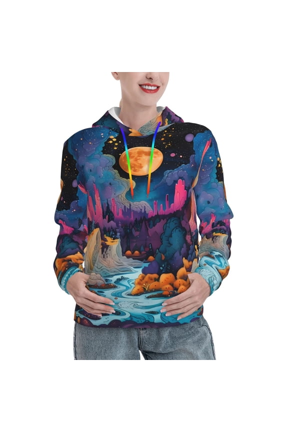 Fantasy Cosmic Landscape Print Womens Oversized Hoodies Sweatshirts Hooded Pullover Tops Sweaters Casual-Medium