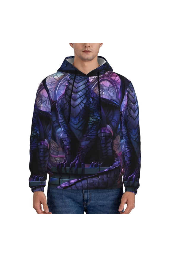 Fantasy Dragon In Cathedral Print Mens Casual Hooded Collar Drawstring Hoodies Pullover Sweatshirts Casual Long Sleeve Shirts-X-Large