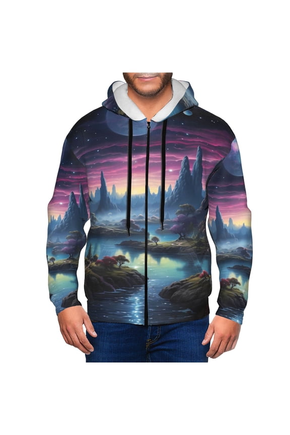 Fantasy Landscape Starry Night Print Men Hoodies Casual Hoodies for Men with Zip Pockets Full Zip Long Sleeve Sweatshirt Sports Hooded Jacket-Medium