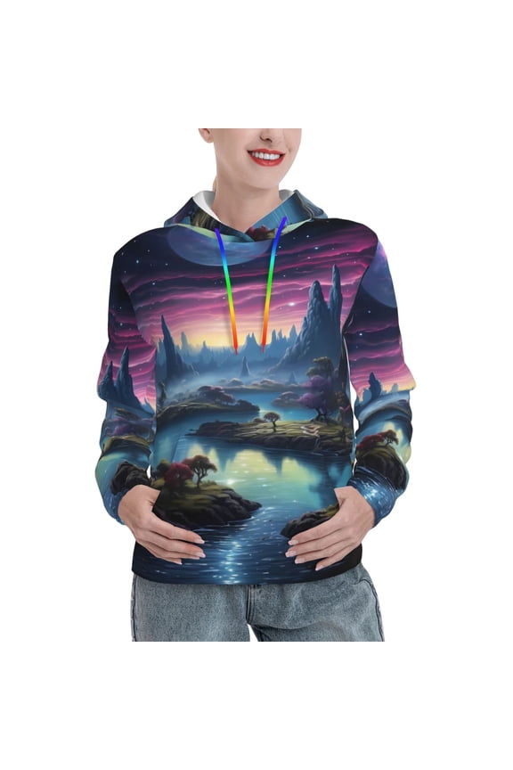 Fantasy Landscape Starry Night Print Womens Oversized Hoodies Sweatshirts Hooded Pullover Tops Sweaters Casual-Large