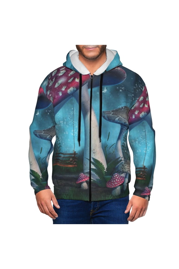 Fantasy Mushrooms Print Men Hoodies Casual Hoodies for Men with Zip Pockets Full Zip Long Sleeve Sweatshirt Sports Hooded Jacket-Small