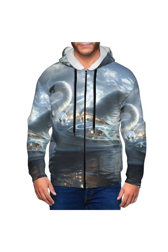 Fantasy Swan Yacht Design Print Men Hoodies Casual Hoodies for Men with Zip Pockets Full Zip Long Sleeve Sweatshirt Sports Hooded Jacket-Large