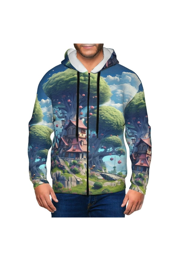 Fantasy Treehouse Planet Scene Print Men Hoodies Casual Hoodies for Men with Zip Pockets Full Zip Long Sleeve Sweatshirt Sports Hooded Jacket-Large