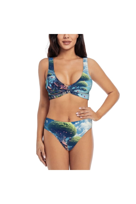 Fantasy Treehouse Planet Scene Print Women's 2 Piece High Waisted Wrap Spaghetti Strap Summer Swimsuit Bikini Set-Small