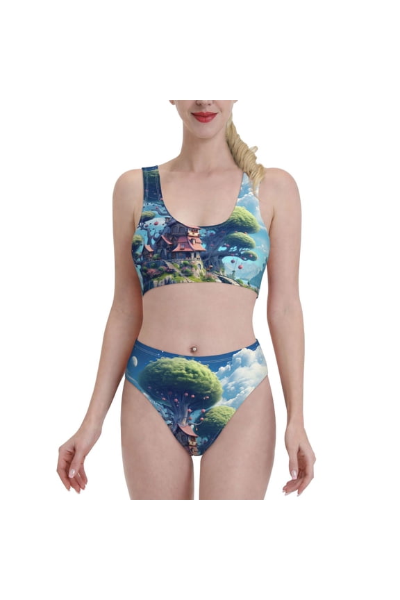 Fantasy Treehouse Planet Scene for Womens High Waisted Bikini Top Sports Style Two Piece Bathing Suits
