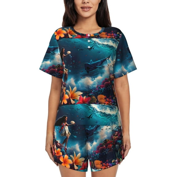 Kdxio Fantasy Underwater Adventure Print Pajamas Sets for Women Short-Sleeved Pjs with Lounge Shorts Two Piece Sleepwear S-4XL