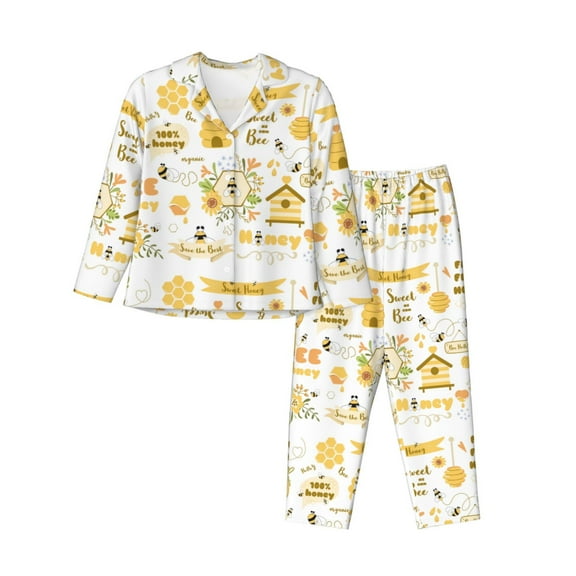 Kdxio Farm Bee Cute Honey Women's Pajama Sets Long Sleeve Button Down Sleepwear Nightwear Soft Pjs Lounge Sets-X-Large