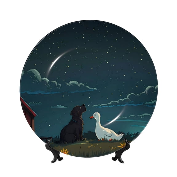Kdxio Farm Dog Duck Moonlight Bone China Decorative Plate Ceramic Decorative Plate for Home Office Wall Stand Decorative Plates for Home Bedroom-8in