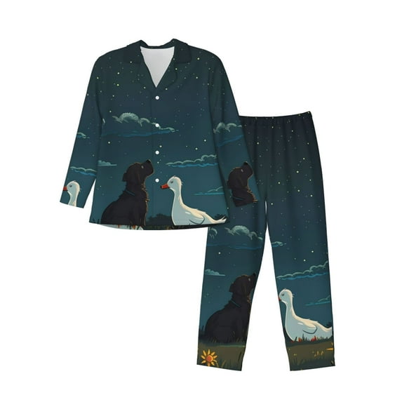 Kdxio Farm Dog Duck Moonlight Men’s Pajama Set Pajamas For Men 2 Piece PJ Set with Men Pajama Pants and Long Sleeve T-Shirt Lounge Set-X-Large