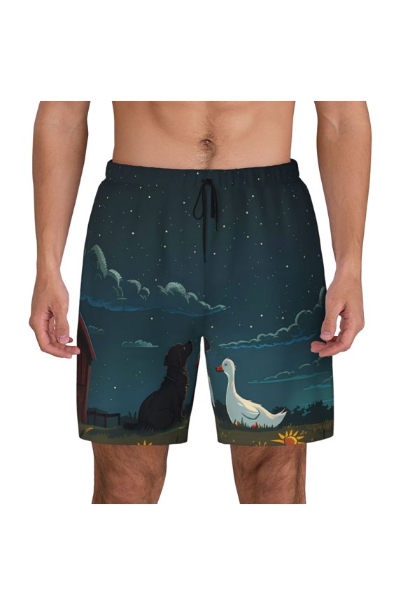 Farm Dog Duck Moonlight Print Men's Swim Trunks with Compression Liner 7 Inch Inseam Quick Dry Swim Shorts