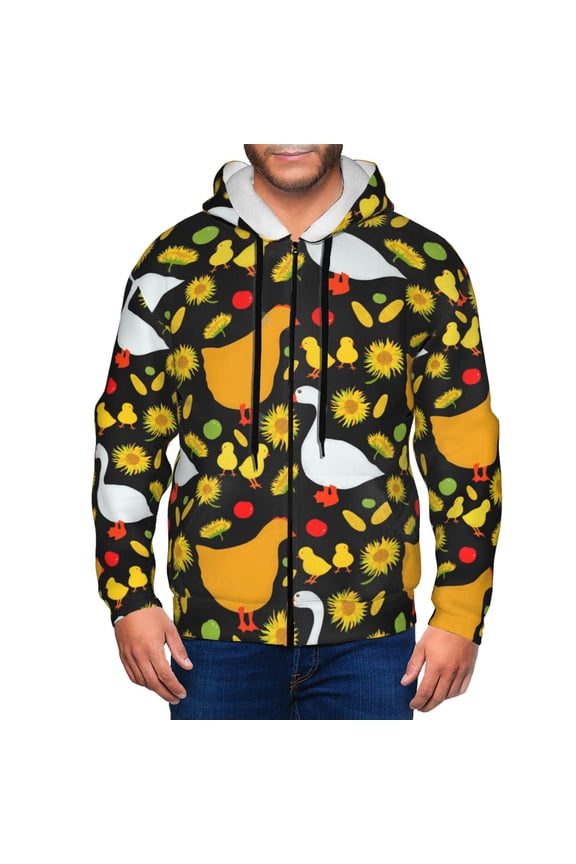 Farm Goose Print Men Hoodies Casual Hoodies for Men with Zip Pockets Full Zip Long Sleeve Sweatshirt Sports Hooded Jacket-Large