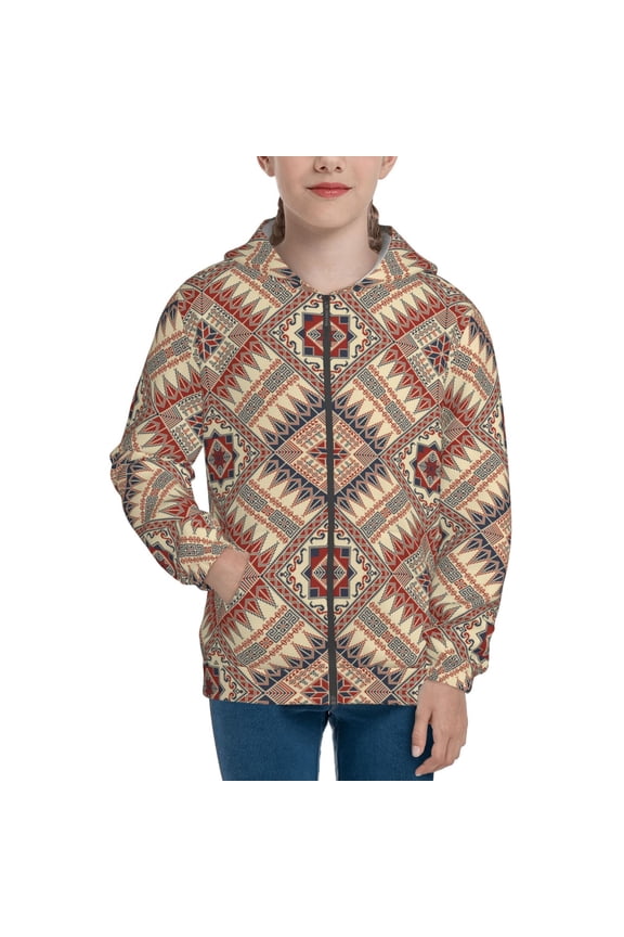 Fashion Tatreez (3) Pattern Kids Boys Girls Zip Up Hoodie 3D Printed Hooded Sweatshirt Hoody Coat with Pocket 7-12 Y-Medium