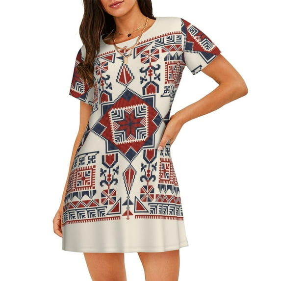 Kdxio Fashion Tatreez1 Pattern Womens Short Sleeve Sleepshirt Scoopneck Cute Nightdress Ruffle Comfy Nightgown