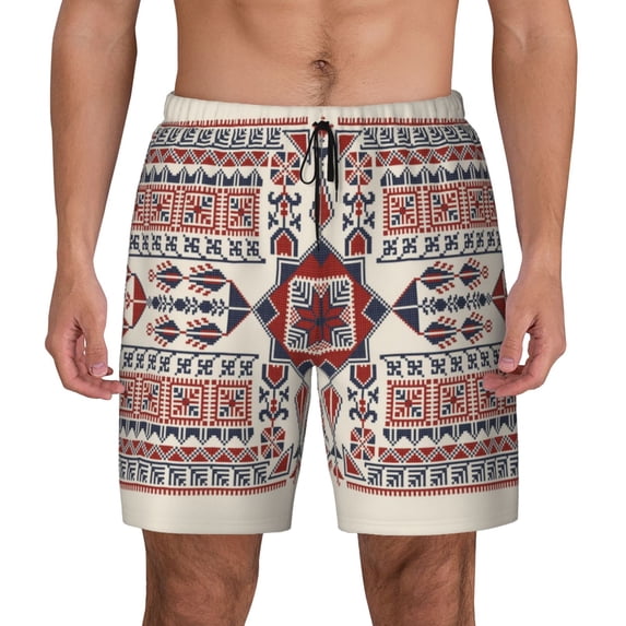 Kdxio Fashion Tatreez1 Print Men's Swim Trunks with Compression Liner 7 Inch Inseam Quick Dry Swim Shorts