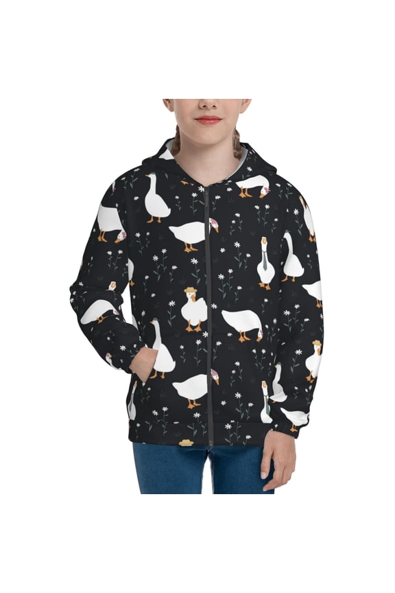 Fashionable Goose Pattern Kids Boys Girls Zip Up Hoodie 3D Printed Hooded Sweatshirt Hoody Coat with Pocket 7-12 Y-Small