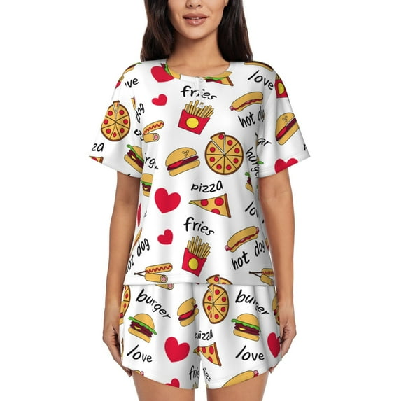 Kdxio Fast Food Print Pajamas Sets for Women Short-Sleeved Pjs with Lounge Shorts Two Piece Sleepwear S-4XL