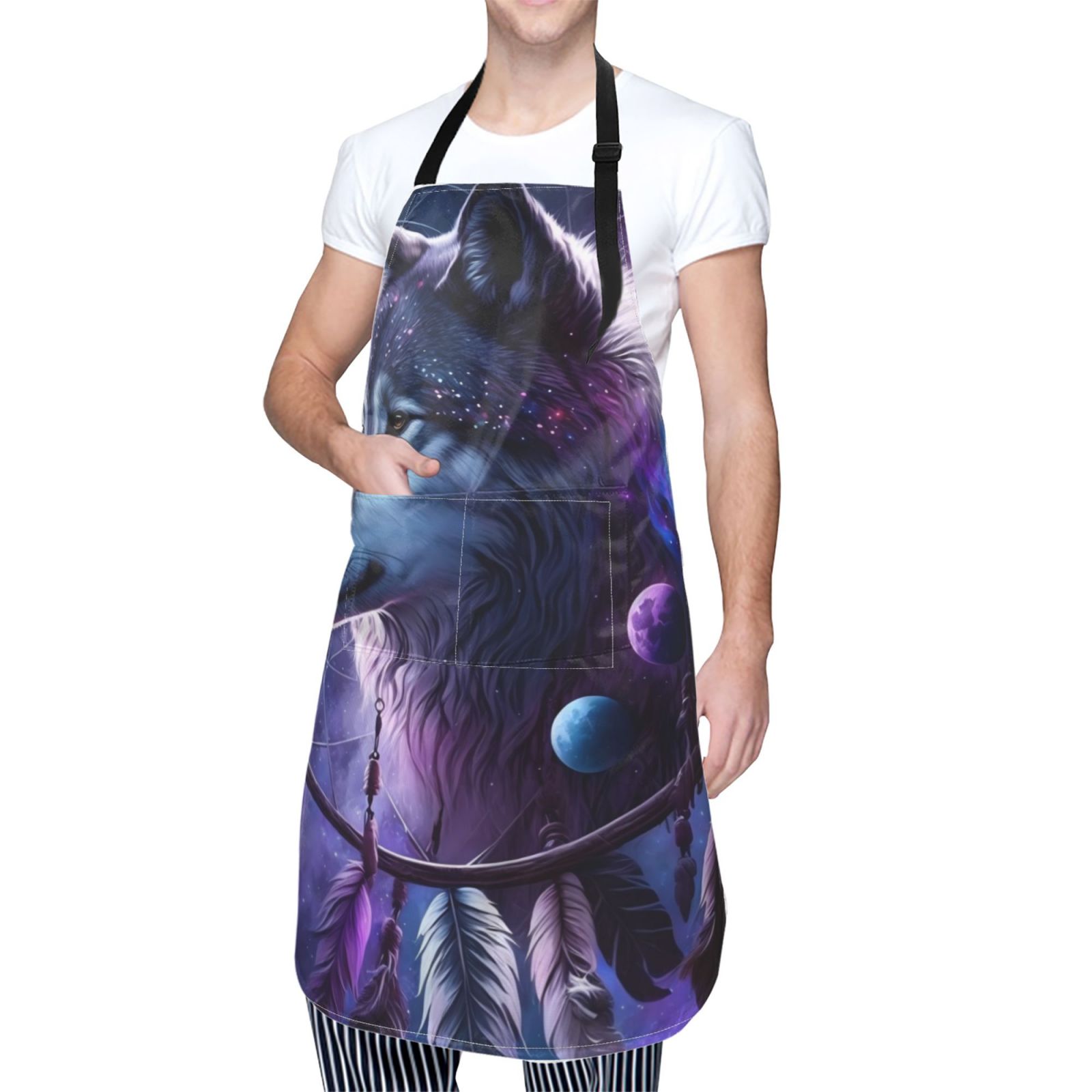 Kdxio Feathered Wolf Apron with Pockets Adjustable Kitchen Aprons for Men Women Waterproof Aprons for Cooking,Drawing,Crafting, Baking Household Cleaning