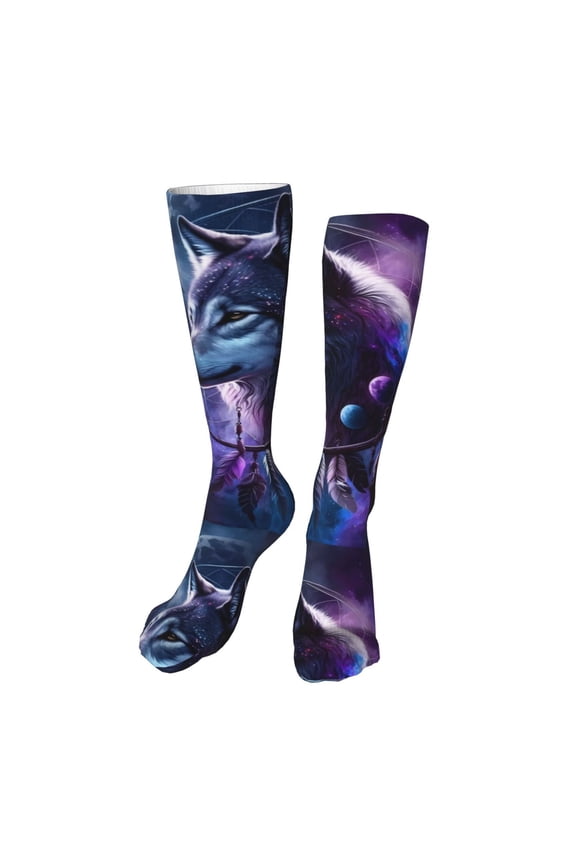 Feathered Wolf Funny Silky Novelty Funky Long Knee High Socks Soft 3D Print Cosplay Crazy Stockings for Men Women