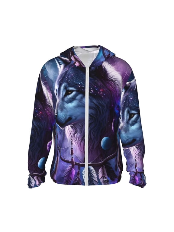 Feathered Wolf Print Women Men Sun Protection UPF 50+ Jackets Zip Up Long Sleeve Hoodie Hiking Lightweight with Pockets