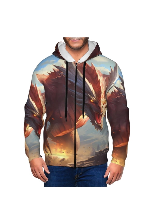Ferocious Dragon Fury Print Men Hoodies Casual Hoodies for Men with Zip Pockets Full Zip Long Sleeve Sweatshirt Sports Hooded Jacket-Small