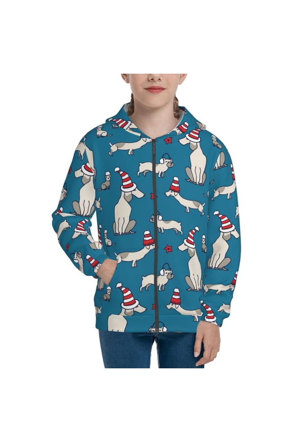 Festive Dachshund Fun Pattern Kids Boys Girls Zip Up Hoodie 3D Printed Hooded Sweatshirt Hoody Coat with Pocket 7-12 Y-Medium
