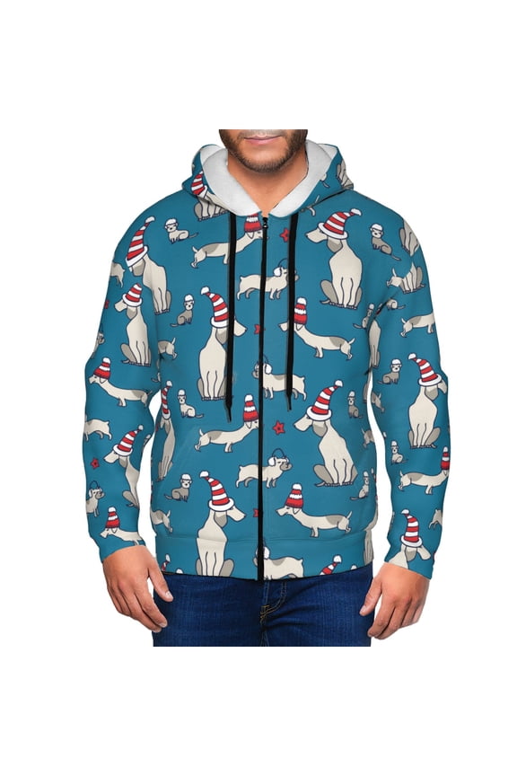 Festive Dachshund Fun Print Men Hoodies Casual Hoodies for Men with Zip Pockets Full Zip Long Sleeve Sweatshirt Sports Hooded Jacket-Small