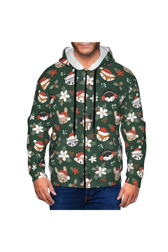 Festive Forest Friends Print Men Hoodies Casual Hoodies for Men with Zip Pockets Full Zip Long Sleeve Sweatshirt Sports Hooded Jacket-Small