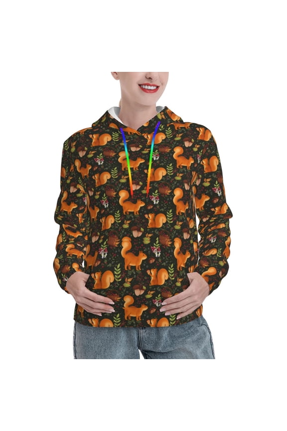 Festive Squirrels Dark Forest Print Womens Oversized Hoodies Sweatshirts Hooded Pullover Tops Sweaters Casual-Medium