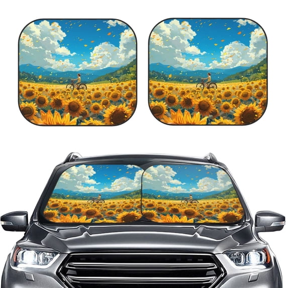 Kdxio Field Bicycle Young Sunflower Print 2-Piece Sun Shade Front Windshield - Foldable Car Front Window Sunshades for Most Sedans SUV Truck