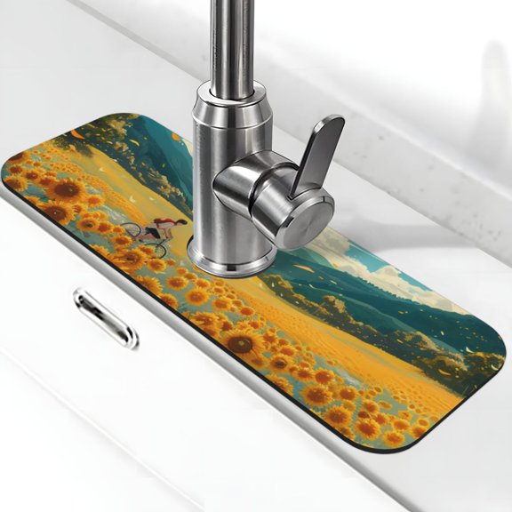 Kdxio Field Style Bicycle Young Sunflower Pattern Non-Slip Diatom Mud Faucet Drain Pad,Self Absorbent Mat for Kitchen Sink for Variety Kitchen & Bathroom Countertops