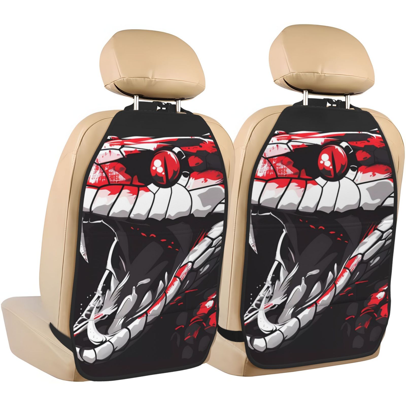 Kdxio Fierce Red Viper Graphic Art Print 2 Pack Car Kick Mat Seat Cover Back Protector Mat with Pockets for Organizer Backseat Protector and Storage Anti Kick Pad for Vehicles