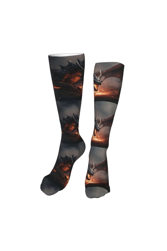 Fiery Black Dragon Attack Funny Silky Novelty Funky Long Knee High Socks Soft 3D Print Cosplay Crazy Stockings for Men Women