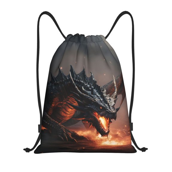 Kdxio Fiery Black Dragon Attack Print Drawstring Backpack Bag,Waterproof Draw String Back Sack, Gym Drawstring Bags Swim Bag For Unisex