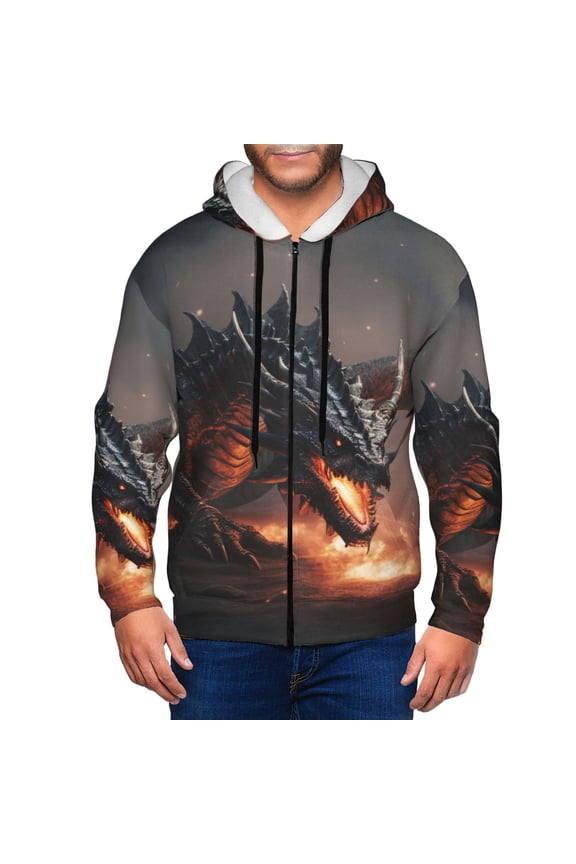 Fiery Black Dragon Attack Print Men Hoodies Casual Hoodies for Men with Zip Pockets Full Zip Long Sleeve Sweatshirt Sports Hooded Jacket-Large