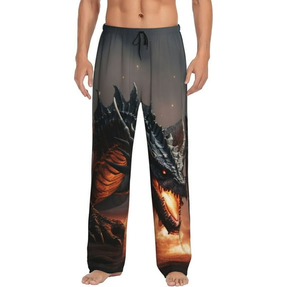 Kdxio Fiery Black Dragon Attack Print Men's Sleep Pajama Pant Lounge Pants with Pockets-X-Large