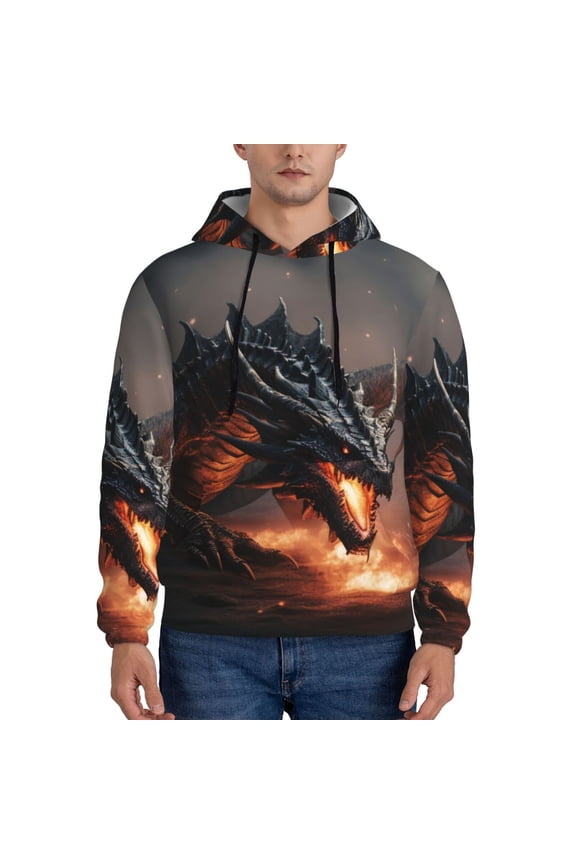 Fiery Black Dragon Attack Print Mens Casual Hooded Collar Drawstring Hoodies Pullover Sweatshirts Casual Long Sleeve Shirts-