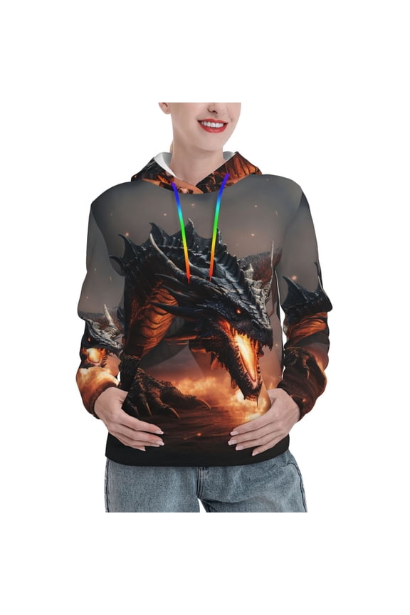 Fiery Black Dragon Attack Print Womens Oversized Hoodies Sweatshirts Hooded Pullover Tops Sweaters Casual-Medium