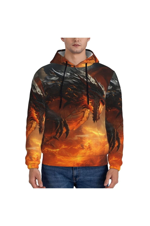 Fiery Dragon Of Chaos Print Mens Casual Hooded Collar Drawstring Hoodies Pullover Sweatshirts Casual Long Sleeve Shirts-