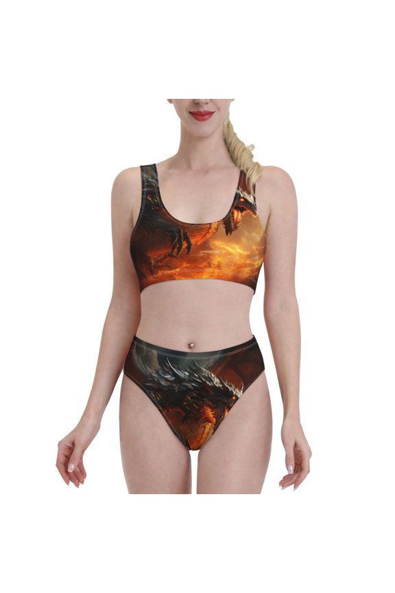 Fiery Dragon Of Chaos for Womens High Waisted Bikini Top Sports Style Two Piece Bathing Suits