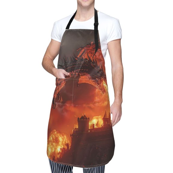 Kdxio Fiery Dragons Castle Attack Apron with Pockets Adjustable Kitchen Aprons for Men Women Waterproof Aprons for Cooking,Drawing,Crafting, Baking Household Cleaning