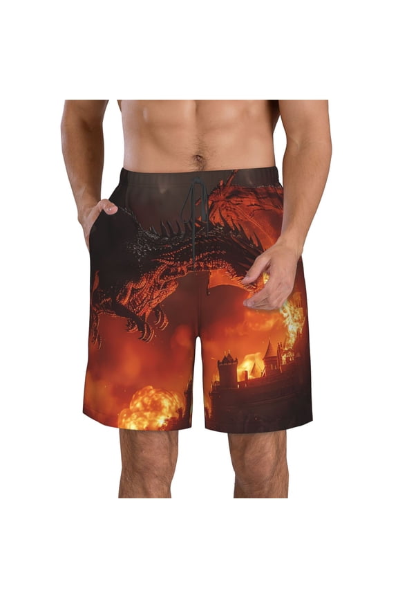 Fiery Dragons Castle Attack Pattern Mens Casual Shorts - Drawstring Summer Beach Sports Shorts for Men