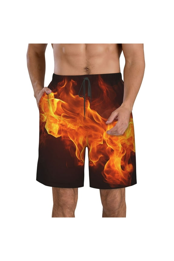 Fiery Orange Flames Energy Pattern Mens Casual Shorts - Drawstring Summer Beach Sports Shorts for Men