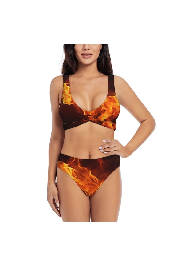 Fiery Orange Flames Energy Print Women's 2 Piece High Waisted Wrap Spaghetti Strap Summer Swimsuit Bikini Set-Large