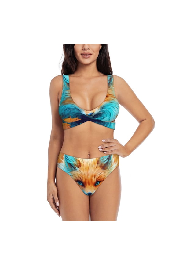 Fiery Red Maple Leaf Fox Print Women's 2 Piece High Waisted Wrap Spaghetti Strap Summer Swimsuit Bikini Set-Large