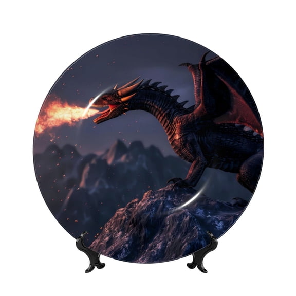 Kdxio Fire Breathing Dragon Twilight Bone China Decorative Plate Ceramic Decorative Plate for Home Office Wall Stand Decorative Plates for Home Bedroom-7in