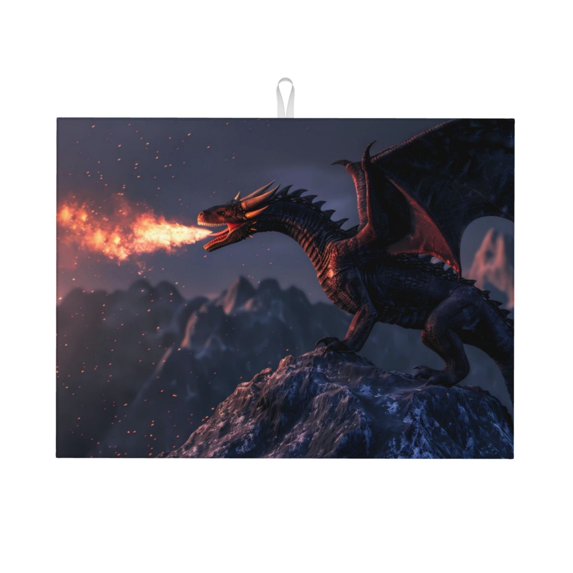 Kdxio Fire Breathing Dragon Twilight for Dish Drying Mat,24*18 inch Absorbent Dish Drainer Kitchen Counter,Large Size Dish Drying Pad for Countertops,Draining Racks