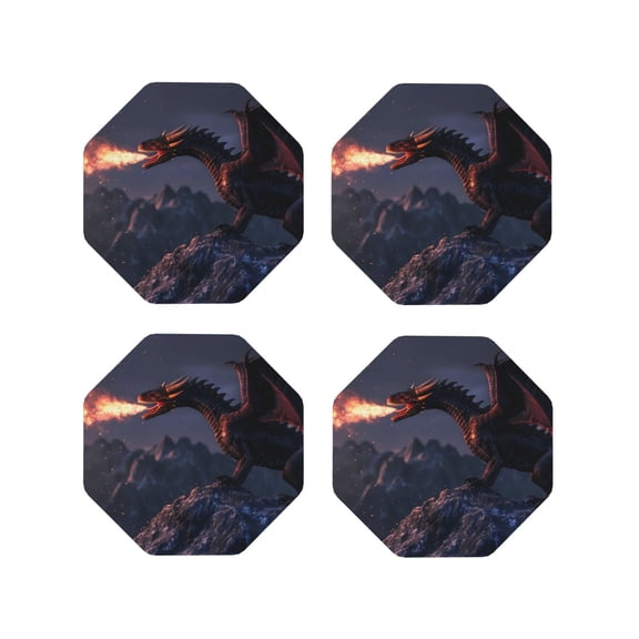 Kdxio Fire Breathing Dragon Twilight Funny Coasters,4 Pcs Leather Coasters,Housewarming Gifts,Protect Furniture from Water Marks Scratch and Damage