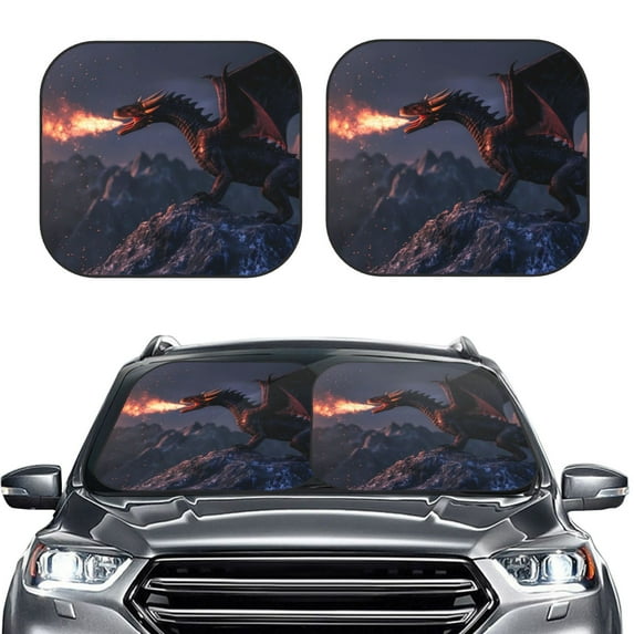 Kdxio Fire Breathing Dragon Twilight Print 2-Piece Sun Shade Front Windshield - Foldable Car Front Window Sunshades for Most Sedans SUV Truck